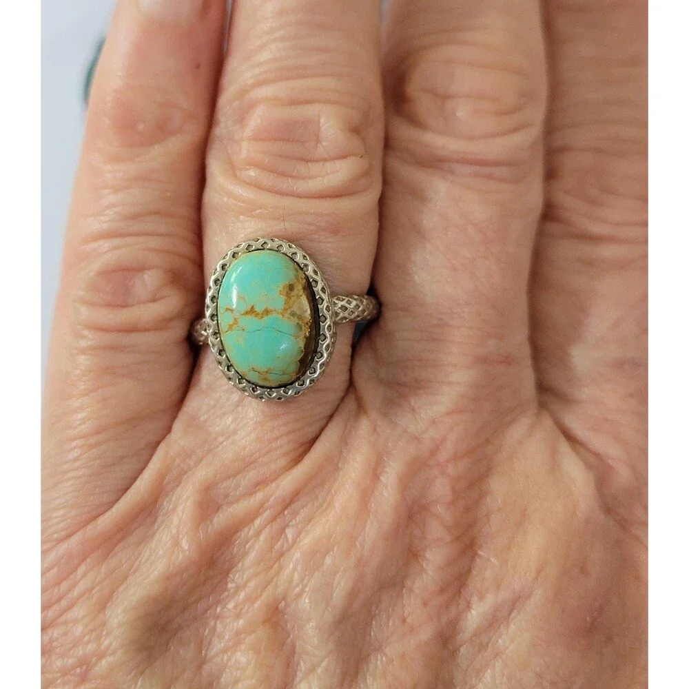 MSI Signed Blue Turquoise Ring, 925 Silver Honeycomb, Natural Matrix Turquoise,